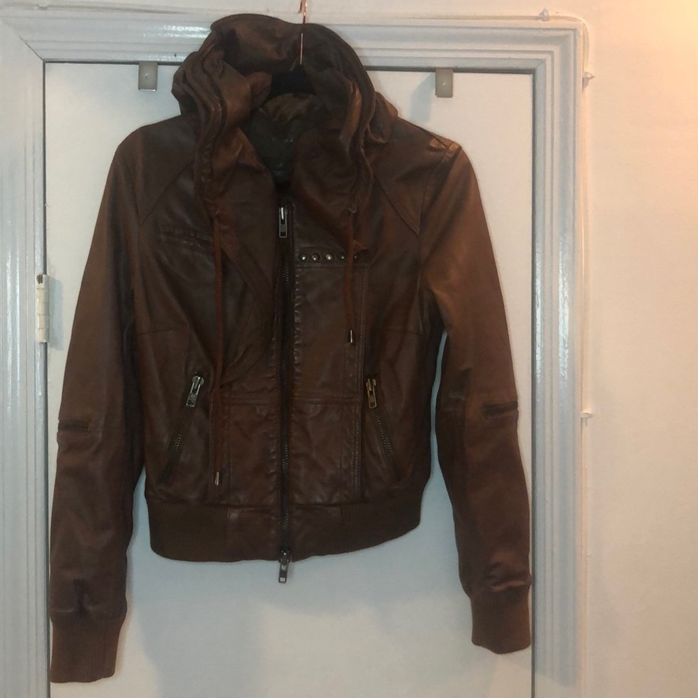Real Leather Hooded Bomber Jacket - Size S